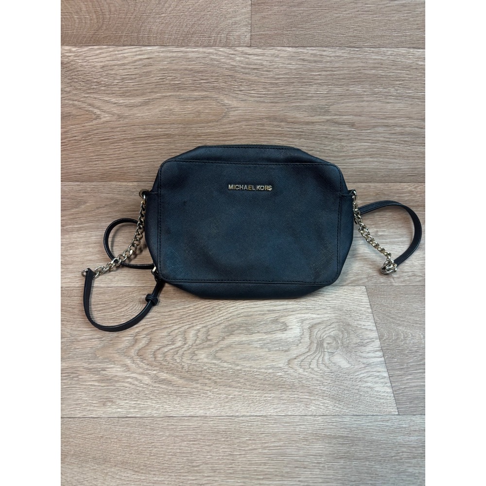 Michael Kors Black Saffiano Leather Crossbody Bag Gold Chain Strap Camera Bag